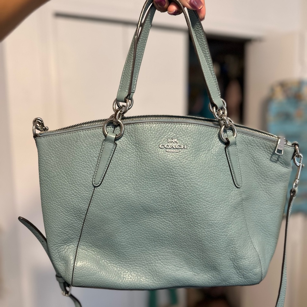 Coach Aqua Blue Leather F28993 Kelsey Satchel Handbag with Long Crossbody Strap